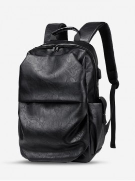 Unisex Fashion Casual PU Leather Laptop Notebook School Students Travel Backpack with USB Charging Port for Men and Women